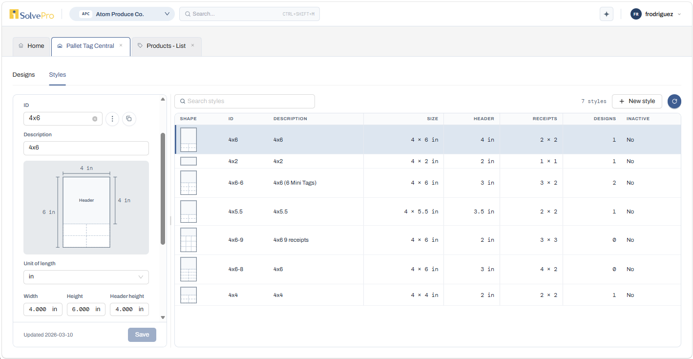 Pallet Tag Central Styles view: table of tag sizes, headers, and receipt layouts