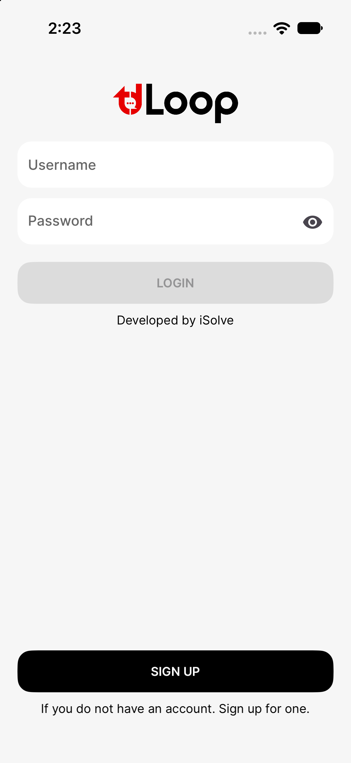 New tdLoop mobile app login screen