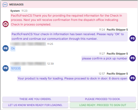 Dispatcher message thread with a driver: check-in confirmation, pick-up number, and dock door instruction